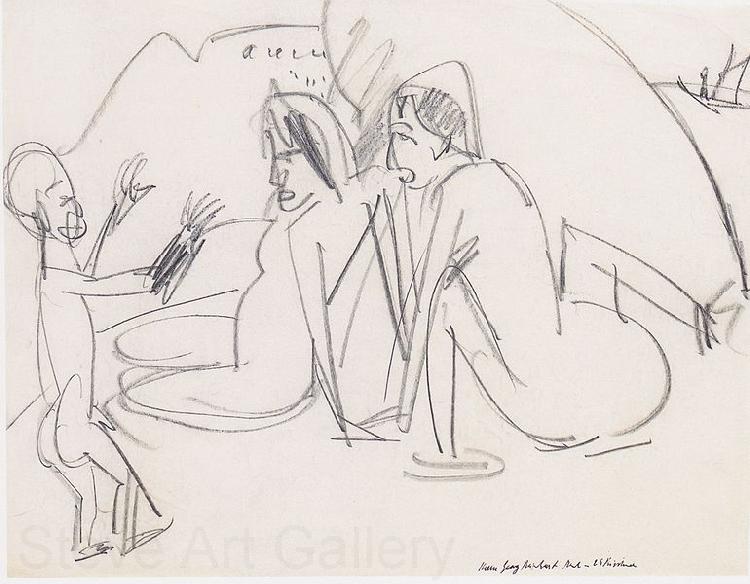 Ernst Ludwig Kirchner Zwei Frauen und Skulptur am Strand Spain oil painting art